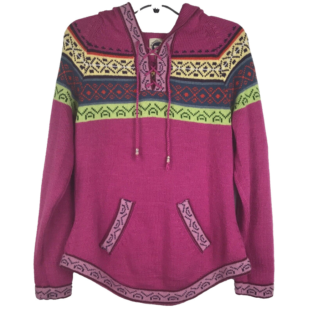 Artesania Hooded Pullover Sweater Alpaca Blend Pink Front Pocket Peru Small